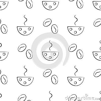 Seamless vector patterns with cups and cofee grains on the white background Vector Illustration