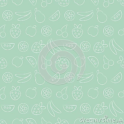 Seamless vector patterns with fruits. Pastel green background with strawberry, banana, apple, pear, watermelon and cherry. Vector Illustration