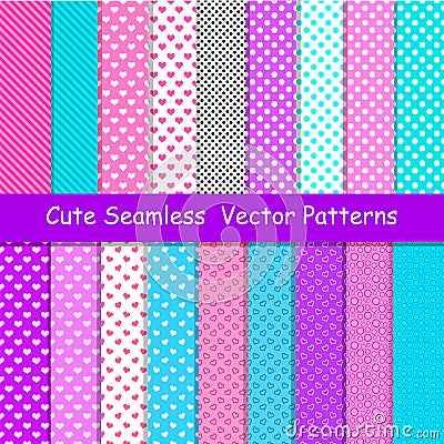 Seamless vector patterns in lol doll surprise style. Endless backgrounds with stripes and polka dots Vector Illustration