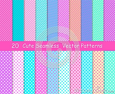 Seamless vector patterns in lol doll surprise style. Endless backgrounds with stripes and polka dots Vector Illustration