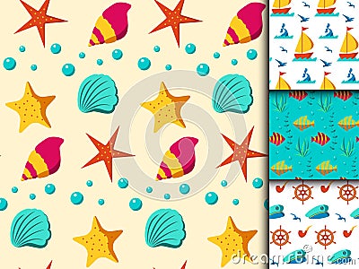 Seamless vector patterns with nautical elements wave marine collection paper sea background Vector Illustration