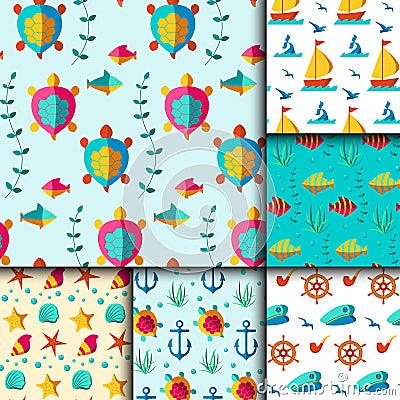 Seamless vector patterns with nautical elements wave marine collection paper sea background Vector Illustration