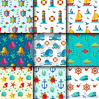 Seamless vector patterns with nautical elements wave marine collection paper sea background Vector Illustration