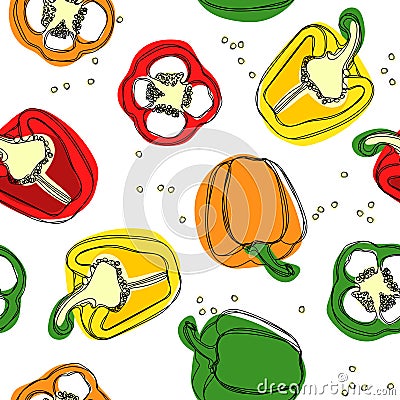 Seamless vector of red, yellow and green peppers. Hand drawing of bulgarian sweet peppers, paprika, peppercorns. Vector illustrati Vector Illustration