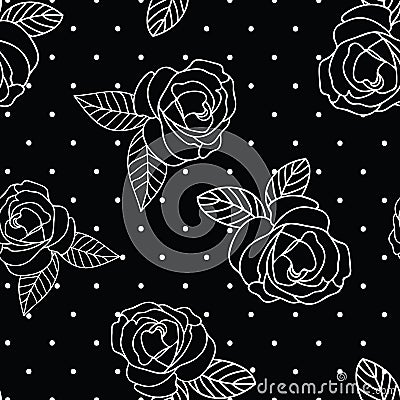 Seamless vector repeat black and white vintage rose print with a dot background. Vector Illustration