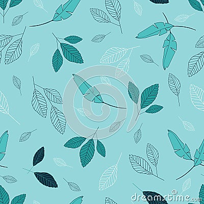 Seamless vector repeat in blue, teal, white leaf pattern with a blue background. Vector Illustration