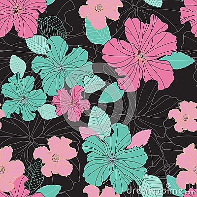 Seamless vector repeat colorful hibiscus flowers and leaf pattern on a black background. Vector Illustration