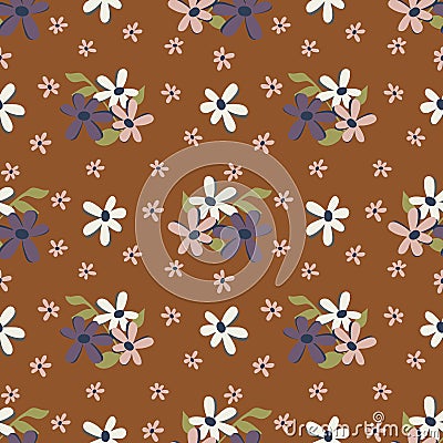 Seamless vector repeat cute daisy floral pattern with rust background. Trendy colors. Stock Photo