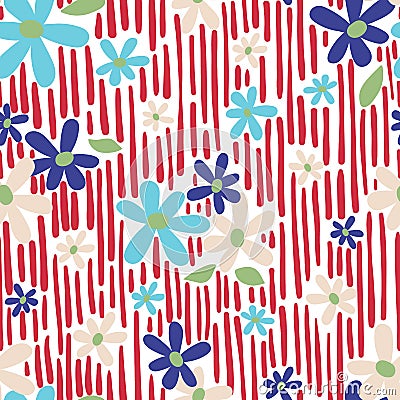 Seamless vector repeat daisy floral print with abstract red stripe background pattern. Vector Illustration