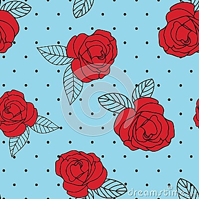 Seamless vector repeat red vintage rose print with a black dot and blue background. Vector Illustration