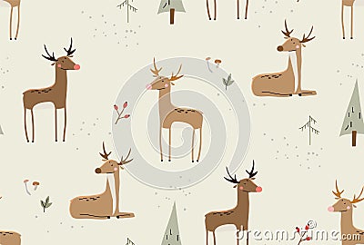 Seamless vector seasonal pattern with funny deers in the forest. Vector Illustration