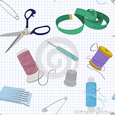 Seamless vector sewing pattern with paper patterns and sewing tools Vector Illustration