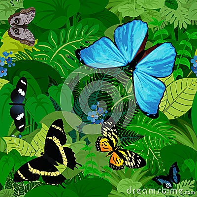 Seamless vector south american tropical rainforest jungle background with butterflies Vector Illustration