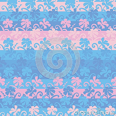 Seamless vector striped pattern background with pink and blue flowers Vector Illustration