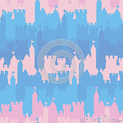 Seamless vector striped pattern with pink and blue castles Vector Illustration