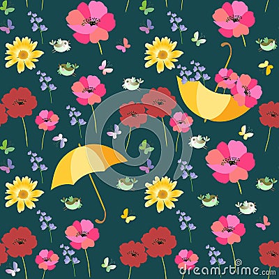 Seamless vector summer pattern with yellow umbrellas, red and pink poppies, green birds and multicolor butterflies Vector Illustration