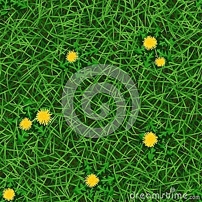 Seamless vector texture of fresh green spring grass with yellow dandelions Vector Illustration