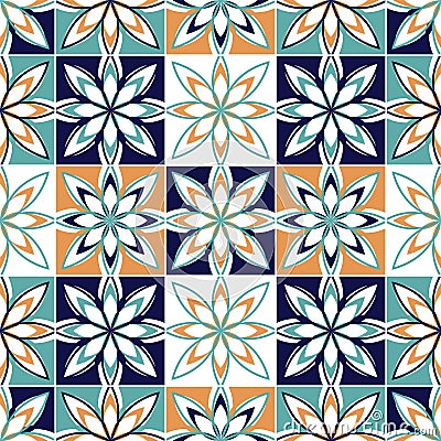 Seamless vector tile pattern. Colorful lisbon, mediterranean floral ornament pattern. Square flower mosaic. Arabic Vector Illustration