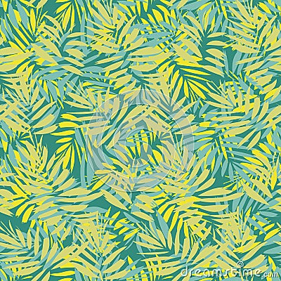 Seamless vector tropical pattern with overlapping palm leaves in yellow and teal green Vector Illustration