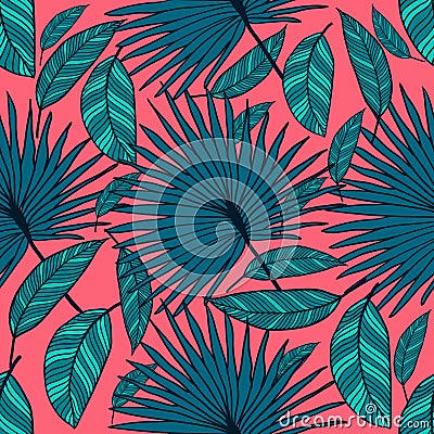 Seamless vector tropical pattern. Tropical color leaves, jungle leaves. Vector Illustration