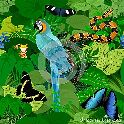 Seamless vector tropical rainforest Jungle background with ara makaw parrot, python and butterflies Vector Illustration