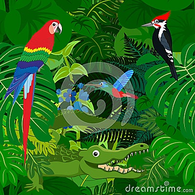 Seamless vector tropical rainforest Jungle background with kids animals Vector Illustration