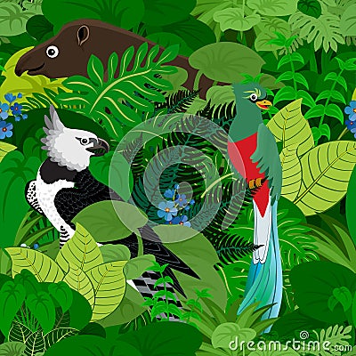 Seamless vector tropical rainforest Jungle background with kids animals Vector Illustration