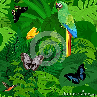 Seamless vector tropical rainforest Jungle background with parrot and butterflies Vector Illustration