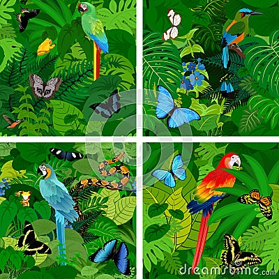 Seamless vector tropical rainforest Jungle background with parrots Vector Illustration