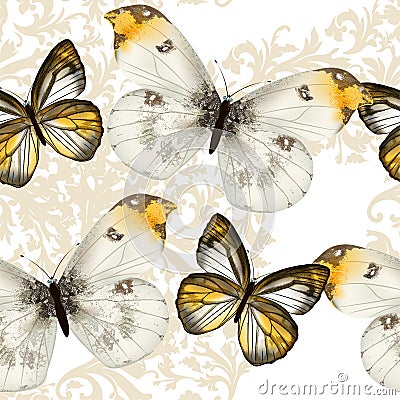 Seamless vector wallpaper pattern with butterflies Stock Photo