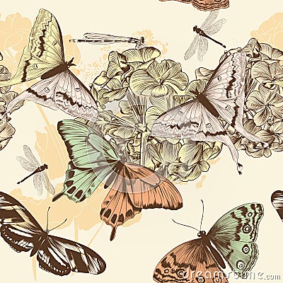 Seamless vector wallpaper pattern with butterflies in vintage st Stock Photo