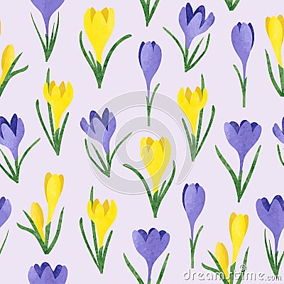 Seamless vector watercolor yellow and purple crocus flowers pattern. Vector Illustration
