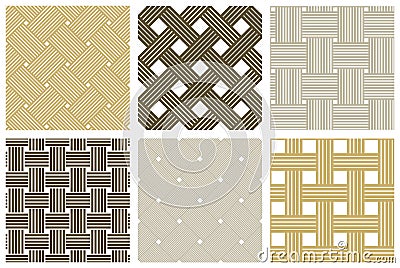 Seamless vector weaving patterns set, linear backgrounds with crossed lines, textile knitted repeat tiling wallpapers, perfect Vector Illustration