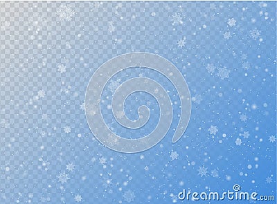 Seamless vector white snowfall effect on blue transparent horizontal background. Overlay snow flake Christmas or New Year winter Vector Illustration