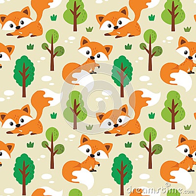 Seamless vector woodland pattern with foxes, trees, plans and leaves Vector Illustration