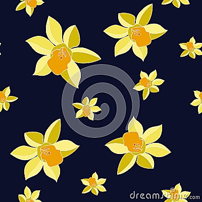 Seamless Vector Yellow daffodil flowers on dark background. Floral pattern with narcissus flowers. Fashion style for prints, silk Vector Illustration
