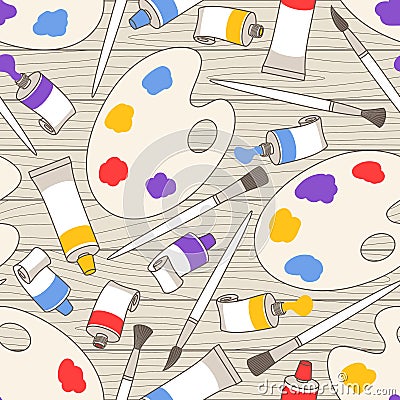 Seamless vectorial pattern of tubes with paints, palettes and paint brushes scattered on wooden boards Vector Illustration