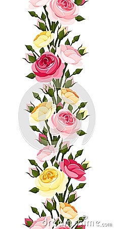 Seamless vertical border with red, pink, orange and yellow roses. Vector illustration. Vector Illustration