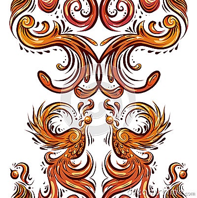 Seamless vertical border with vintage phoenix with curls and feathers. background of orange birds with tails and wings Vector Illustration