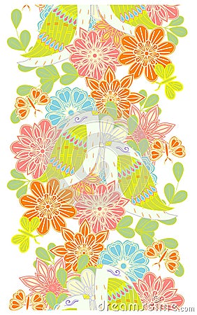 Seamless vertical colorful bright pattern with flowers and birds Vector Illustration