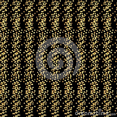 Seamless vertical striped pattern of alternating lines of gold dust and black stripes. Shiny sparkles, golden dots and sequins in Vector Illustration