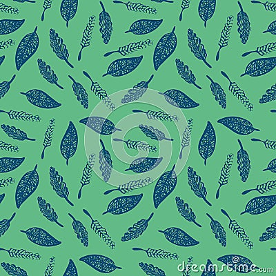 Seamless vetor botanical pattern with blue leaves on a jade green background Vector Illustration