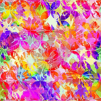 Seamless vibrant rainbow painted flower texture. Bold primary color artistic floral bloom background. Washed imperfect Stock Photo