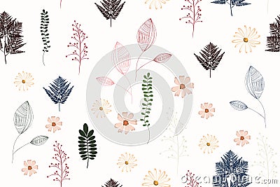 Seamless vintage background pattern with autumn leaves, flowers, fern and herbs. Vector Illustration