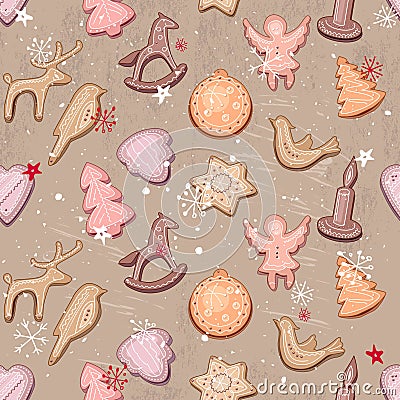 Seamless vintage light beige pattern with traditional Christmas ginger cookies. Vector Illustration