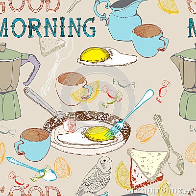 Seamless vintage morning breakfast background Vector Illustration