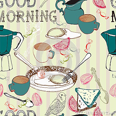 Seamless vintage morning breakfast background Vector Illustration