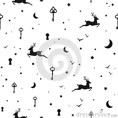 Seamless vintage ornament with keys, deers, moon and stars. Retro pattern on white. Mystery, mystic and clue and magic Vector Illustration