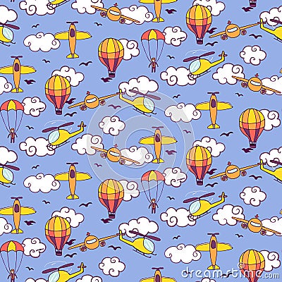 Seamless vintage pattern with balloons, planes and helicopters Cartoon Illustration