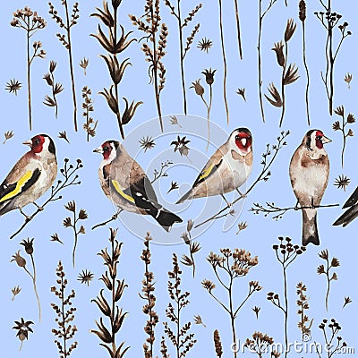 Seamless vintage pattern in border style with goldfinch birds and autumn dry plants and flowers. Watercolor painting Stock Photo